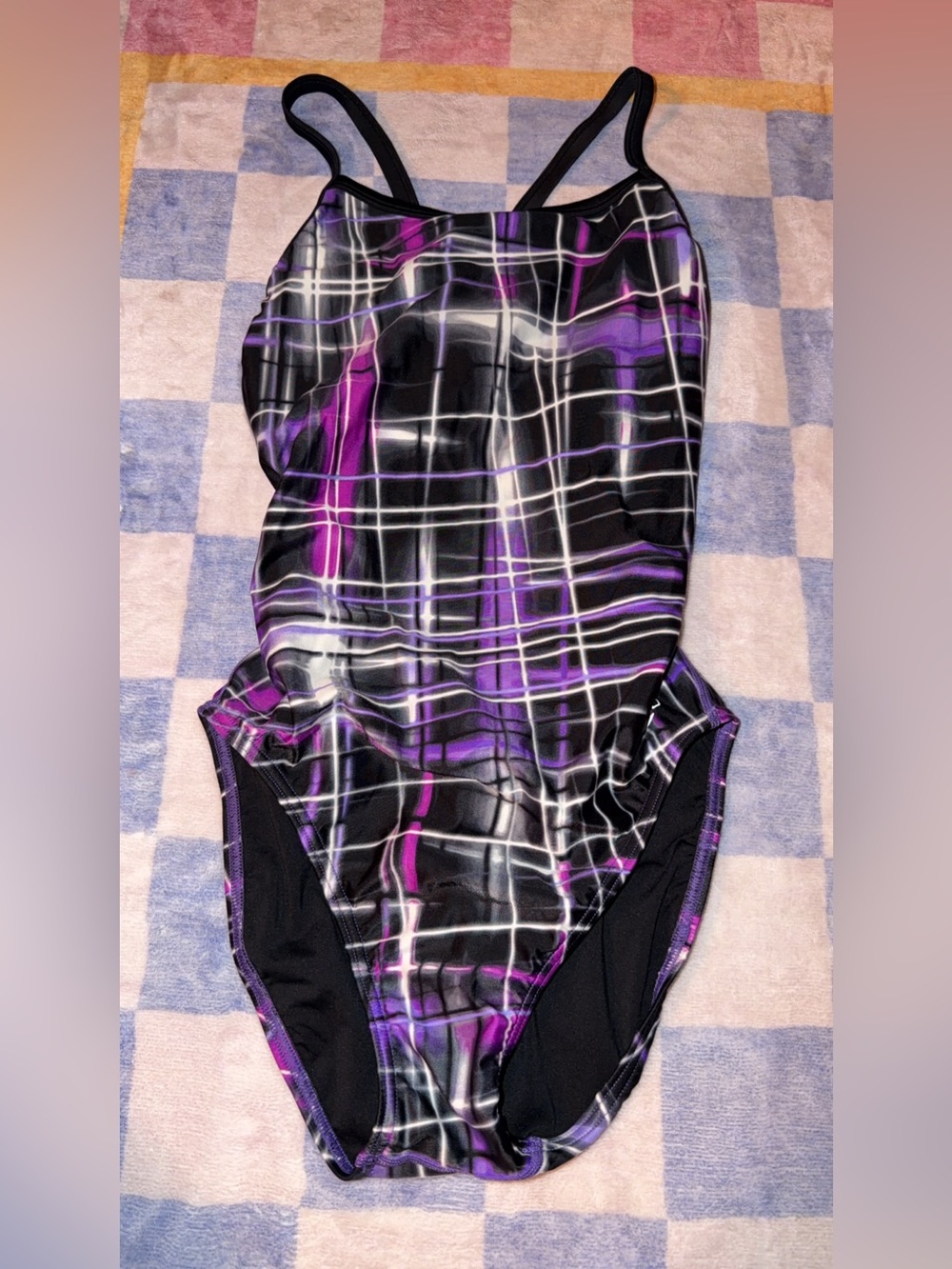 Speedo Black & Purple Plaid womens One-Piece Swimsuit